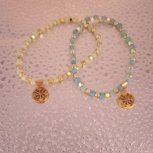Rustic Cuff Gold and Blue Beaded Bracelets